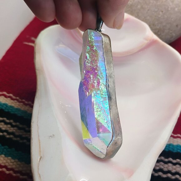 Huge Charles Albert Sterling Silver Rainbow Aura Quartz Crystal Pendant - Picture 2 of 11